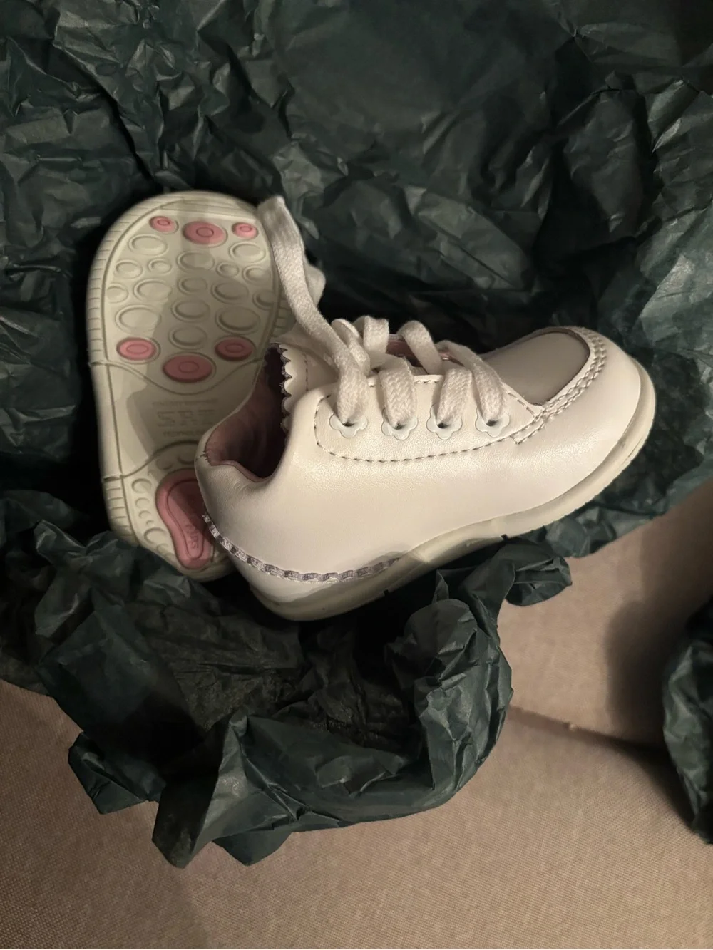 Stride Rite White Baby Lace-Up Shoes with Pink Floral Embroidery